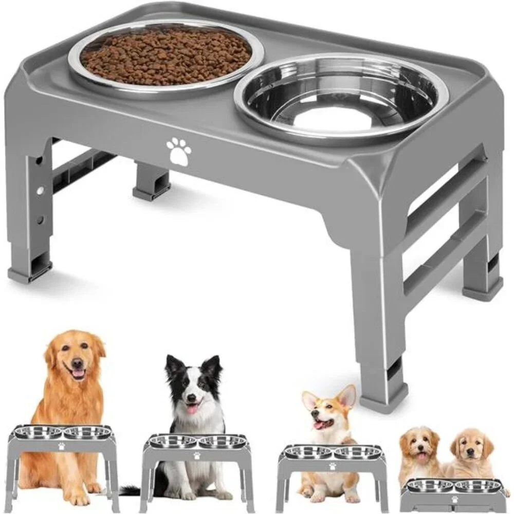 Elevated Raised Dog Bowl Stand with 2 Stainless Steel Bowls, Adjustable Height